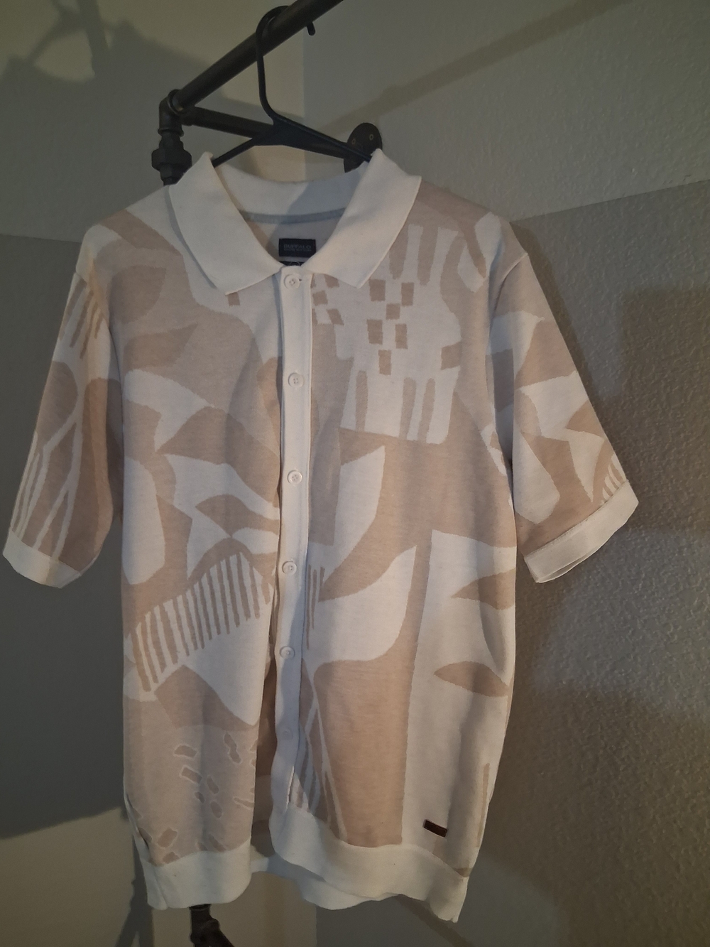 Buffalo David Bitton Cream and Tan Short-Sleeve Button Polo Shirt